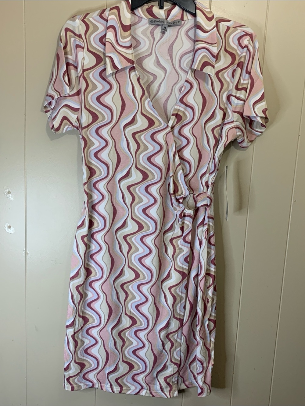 NTW Women’s M Absolutely Famous Pink & Cream Wavy-Print Wrap Mini Dress